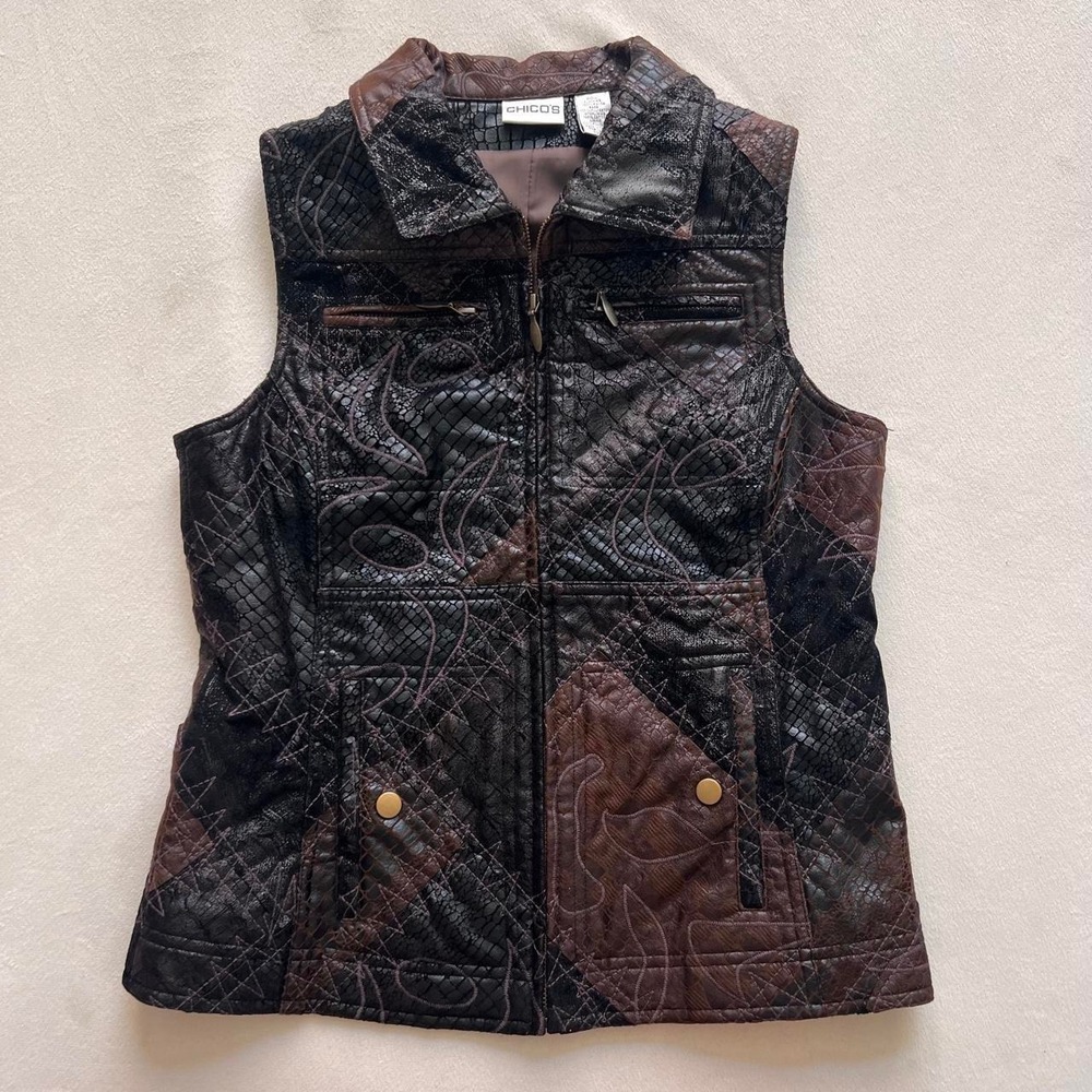 Chico's Brown Black Abstract Zip up Vest Regency Luxury Quilted 80s style